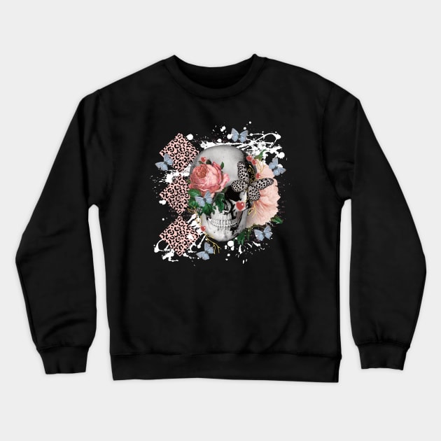 FLORAL SKULL LEOPARD PRINT PAINT SLASH BUTTERFLIES Crewneck Sweatshirt by FlutteringWings 